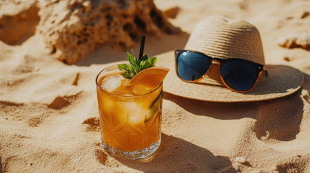 A vibrant cocktail garnished with citrus sits beside a stylish sunhat and sunglasses on a sandy beach, inviting relaxation and enjoyment under the warm sun.の素材