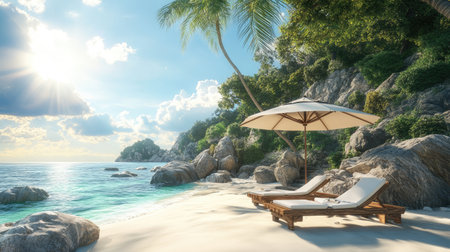 Experience tranquility on a serene tropical beach with lounge chairs under a sunshade, warm sand, and a breathtaking view of the ocean and sky.の素材