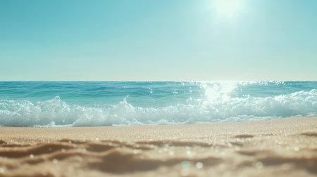 Experience the tranquility of gentle ocean waves washing ashore on a pristine sandy beach under bright sunlight, perfect for relaxation and escape.の素材