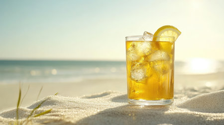 A cool glass of iced beverage with a lemon slice sits on a sandy beach, capturing the essence of summer relaxation and tranquility by the ocean.の素材