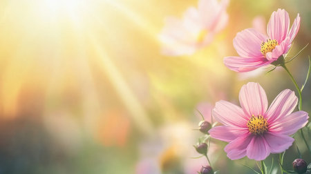 Beautiful pink flowers basking in the gentle morning sunlight create a serene and tranquil atmosphere. The soft petals and warm light enhance the floral beauty.の素材
