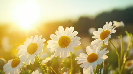 A stunning view of daisies blooming in a sunlit field. The warm sunlight enhances the vibrant yellow centers and delicate petals, creating a serene atmosphere.の素材