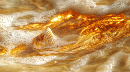 A close-up image of a golden shell partially submerged in foamy sea water on a sandy beach. This serene scene captures the beauty and tranquility of nature.の素材