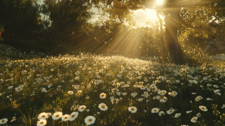 A breathtaking view of a sunlit meadow filled with blooming daisies. Golden rays illuminate the tranquil landscape, showcasing the beauty of nature.の素材