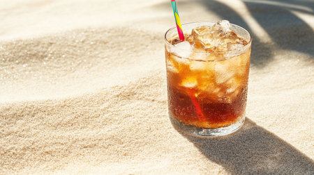 A refreshing glass of cola filled with ice cubes and a straw sits on a sandy beach, capturing the essence of summer and relaxation under the sun.の素材