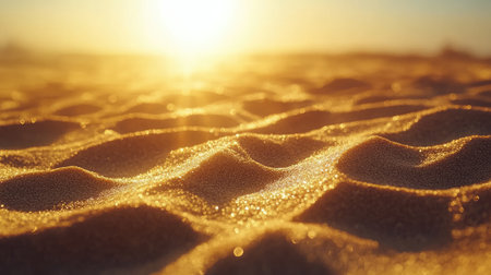 A close-up view of textured sandy beach with golden sunlight illuminating the grains. The tranquil atmosphere creates a serene setting perfect for relaxation.の素材
