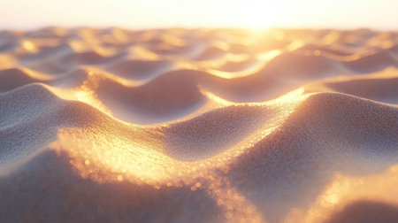A close-up view of gentle sand dunes illuminated by morning sunlight, showcasing a tranquil scene with soft textures and inviting warmth, perfect for calming backgrounds.の素材
