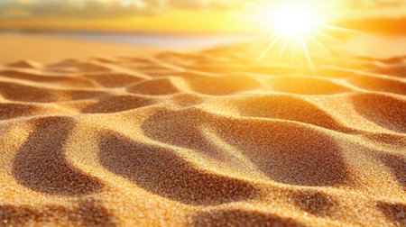 This stunning image captures golden sand dunes illuminated by warm sunrise rays. A tranquil scene evoking feelings of peace and natural beauty by the shore.の素材
