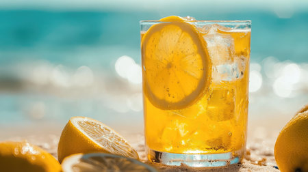 A refreshing citrus drink served in a clear glass with lemon slices. The setting is perfect for a sunny beach day, evoking a sense of relaxation and enjoyment.の素材
