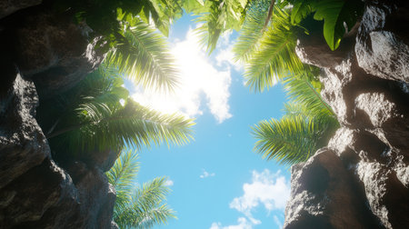 Experience the tranquility of nature with this stunning overhead view of a lush tropical jungle. Bright sunlight filters through vibrant foliage, creating a serene atmosphere.の素材