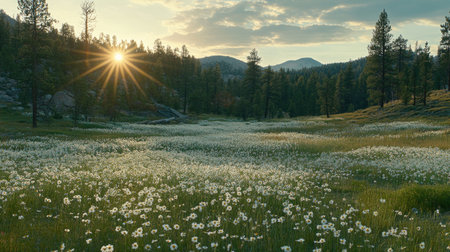 A stunning view of a peaceful meadow blanketed with white flowers, illuminated by warm sunlight. The backdrop features majestic mountains under a clear blue sky, creating a serene natural landscape.の素材