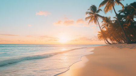 Experience the tranquility of a tropical beach at sunset, featuring palm trees and gentle ocean waves. Perfect for relaxation and vacation themes.の素材