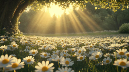 A tranquil meadow adorned with vibrant daisies, illuminated by gentle sunlight filtering through the trees. The serene landscape evokes a sense of peace and beauty.の素材