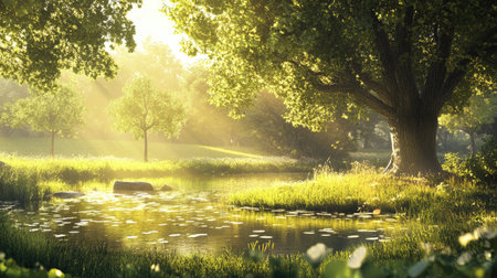 A serene forest landscape featuring vibrant greenery, gentle sunlight, and a calm water body reflecting the beauty of natureの素材