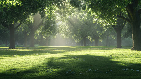A serene forest scene featuring sunlight filtering through lush green trees, casting soft shadows on the vibrant grass. Perfect for nature lovers.の素材