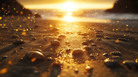 A breathtaking view of glittering seashells scattered on sandy beach, illuminated by the warm glow of a stunning sunset, creating a serene atmosphere.の素材