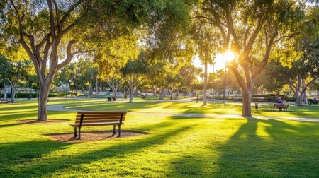 A captivating park scene showcasing lush green grass and vibrant trees under bright sunlight, inviting relaxation with wooden benches and peaceful ambiance.の素材