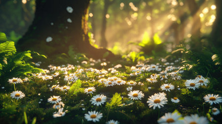 A peaceful forest scene featuring daisies scattered across the ground, illuminated by soft sunlight filtering through lush green trees, creating a serene atmosphere.の素材