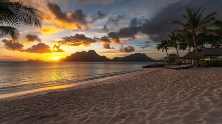 Experience a stunning tropical sunset that casts vibrant hues over a calm ocean. Silhouetted mountains frame the horizon, creating a serene and peaceful atmosphere.の素材