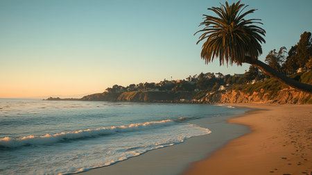 A stunning coastal view at sunrise featuring a solitary palm tree along a peaceful beach. Gentle waves lap at the golden sand while sunlight illuminates the scene.の素材