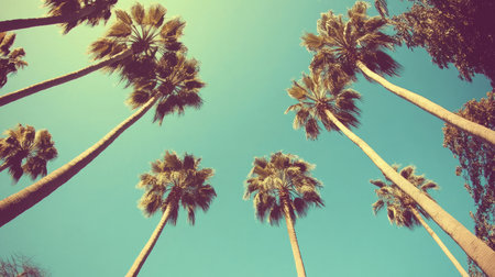 Vibrant palm trees stand tall against a bright blue sky, creating a serene and tropical atmosphere. This image captures the essence of a warm day in nature.の素材