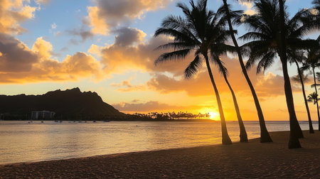 A breathtaking view of a sunset over the ocean, featuring palm trees silhouetted against the vibrant sky. Perfect for capturing the essence of tropical tranquility.の素材