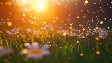 Beautiful sunlit flower field with glowing light particles and a soft focus effect, creating a serene atmosphere of nature's vibrant beauty and tranquility.の素材