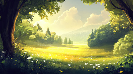 Captivating landscape featuring a serene meadow bathed in sunlight, surrounded by lush greenery and gentle hills. A tranquil escape into nature's beauty.の素材