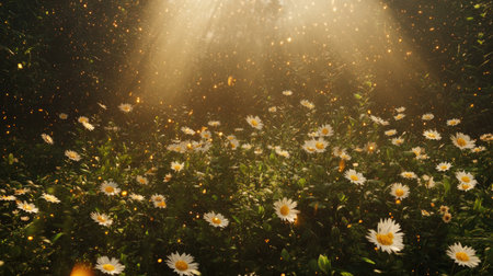 A serene scene featuring a field of vibrant daisies illuminated by warm sunlight. The gentle rays create a magical atmosphere, perfect for nature lovers.の素材