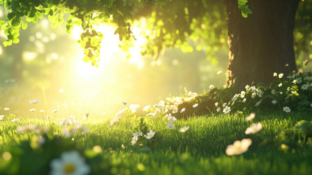 A serene landscape featuring soft morning light filtering through trees, casting a warm glow on fresh grass and blooming flowers, creating a peaceful ambiance.の素材
