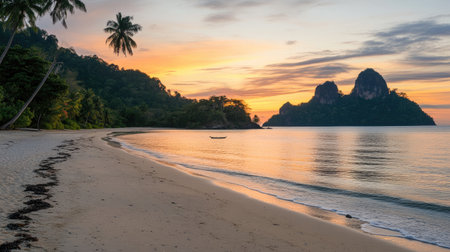 Experience the tranquility of a tropical beach at sunset, featuring calm waters, lush scenery, and a stunning sky. Perfect for relaxation and escape.の素材
