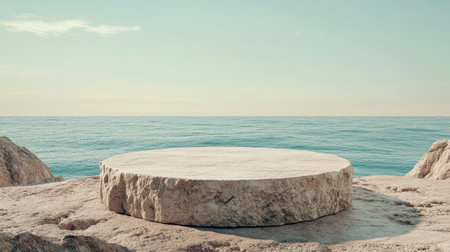 A round stone platform rests on a rocky shoreline, offering a serene view of calm ocean waves under the soft light of sunrise, ideal for relaxation and inspiration.の素材