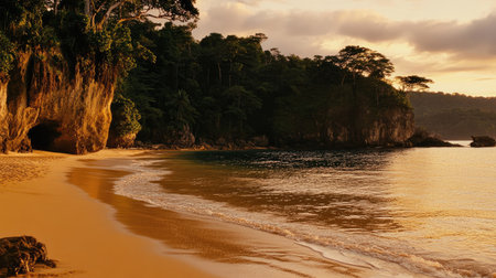 A stunning beach scene at sunset, showcasing tranquil waters, golden sand, and rich greenery. Perfect for evoking relaxation and natural beauty in any project.の素材