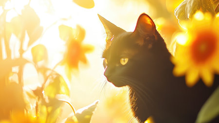 A serene black cat gazes through a colorful garden filled with sunflowers. The soft golden light creates a dreamy atmosphere, highlighting nature's beauty.の素材