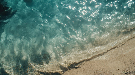 Experience the serene beauty of ocean waves lapping gently on a sandy shoreline. The clear blue water sparkles under sunlight, creating a tranquil scene perfect for relaxation.の素材
