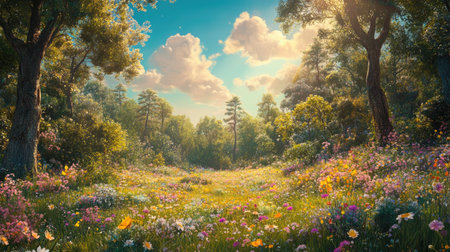A picturesque meadow filled with colorful flowers, surrounded by lush trees, captures the essence of tranquility and natural beauty under a brilliant sky.の素材