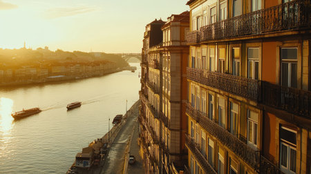 A breathtaking view of the sunset reflecting on a calm river, framed by historic buildings. Boats glide peacefully along the water, creating a serene atmosphere.の素材