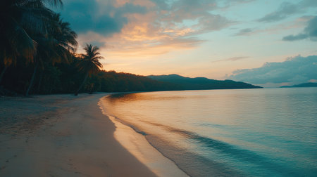 A tranquil beach scene captures a stunning sunset with calm waves lapping at the shore. Lush palm trees frame the serene landscape, inviting relaxation and peace.の素材