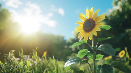 A stunning sunflower stands proudly in a lush green field, basking in bright sunlight under a clear blue sky. This vibrant scene captures the essence of summer and natureの素材