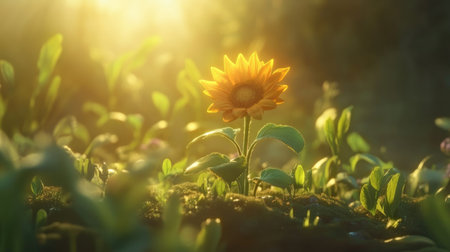 A stunning sunflower standing tall in the morning light, surrounded by lush greenery. The soft illumination creates a tranquil atmosphere, showcasing nature's beauty.の素材