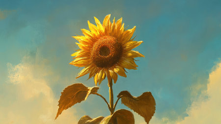 A stunning solitary sunflower stands tall against a clear blue sky, capturing the essence of summer. Its vibrant petals and rich center evoke feelings of warmth and joy.の素材