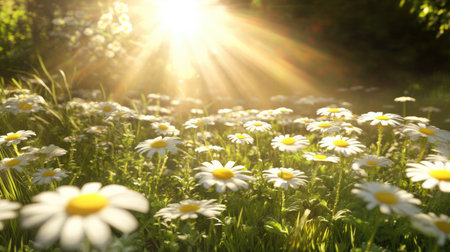A vibrant meadow filled with blooming daisies basking in warm sunlight. Rays of light create a serene atmosphere, highlighting nature's beauty and tranquility.の素材