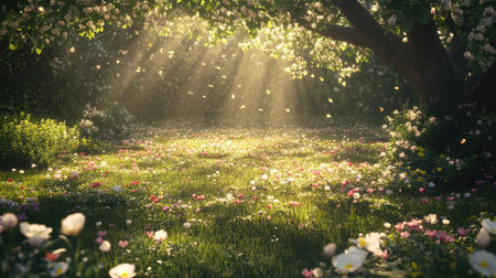 A serene garden scene featuring blooming flowers illuminated by gentle sunlight rays filtering through the trees, creating a peaceful and vibrant outdoor setting.の素材