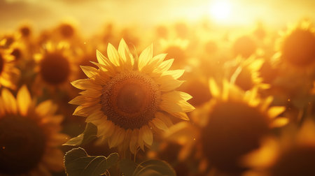 Captivating scene of sunflowers in a golden field during sunset. The vibrant yellow petals radiate warmth, creating a serene and picturesque natural landscape.の素材