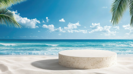 A tranquil beach scene featuring a smooth stone platform surrounded by soft sand and lush palm leaves, under a clear blue sky with fluffy clouds.の素材