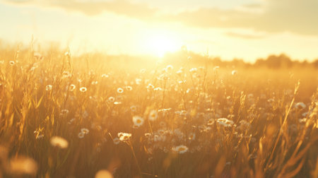 A stunning sunrise illuminates a serene meadow filled with wildflowers. The golden light filters through the field, creating a peaceful and vibrant landscape.の素材