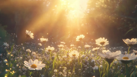 A stunning sunrise illuminates a field of daisies, casting a warm glow over the vibrant flowers. This moment captures the essence of tranquility in nature.の素材