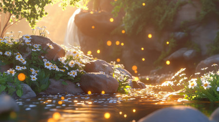 A mesmerizing scene of a tranquil stream surrounded by vibrant flowers and gentle rocks, illuminated by soft sunlight and glowing particles, capturing nature's beauty.の素材