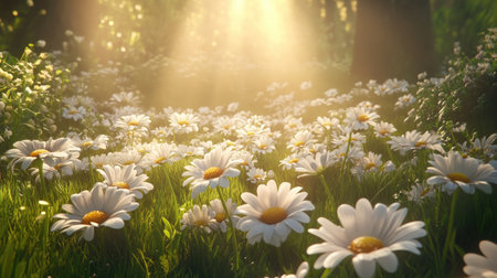 A serene meadow filled with blooming daisies is beautifully illuminated by warm sunlight. The scene captures the essence of nature's tranquility and freshness.の素材