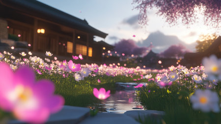 A tranquil garden scene featuring vibrant pink flowers alongside a serene waterway. The sunlight filters through foliage, creating a picturesque atmosphere perfect for relaxation and nature appreciation.の素材